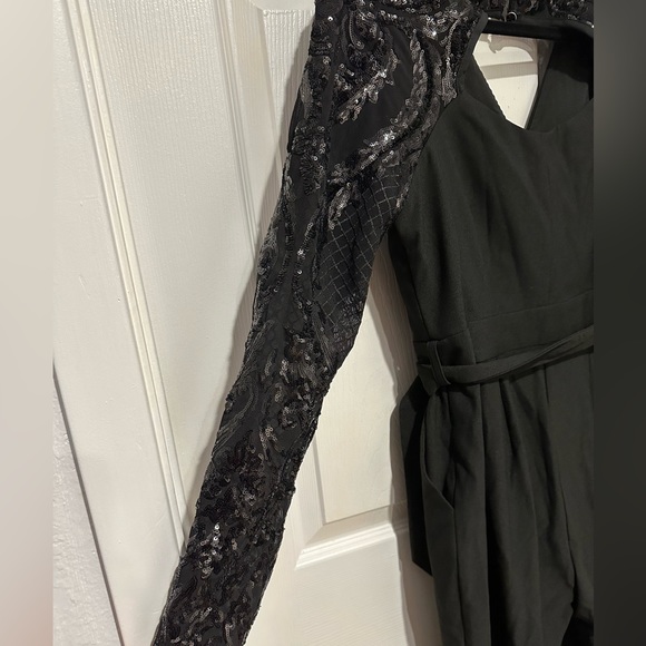 Little Mistress wrap front jumpsuit sequin sleeves. - Picture 5 of 11